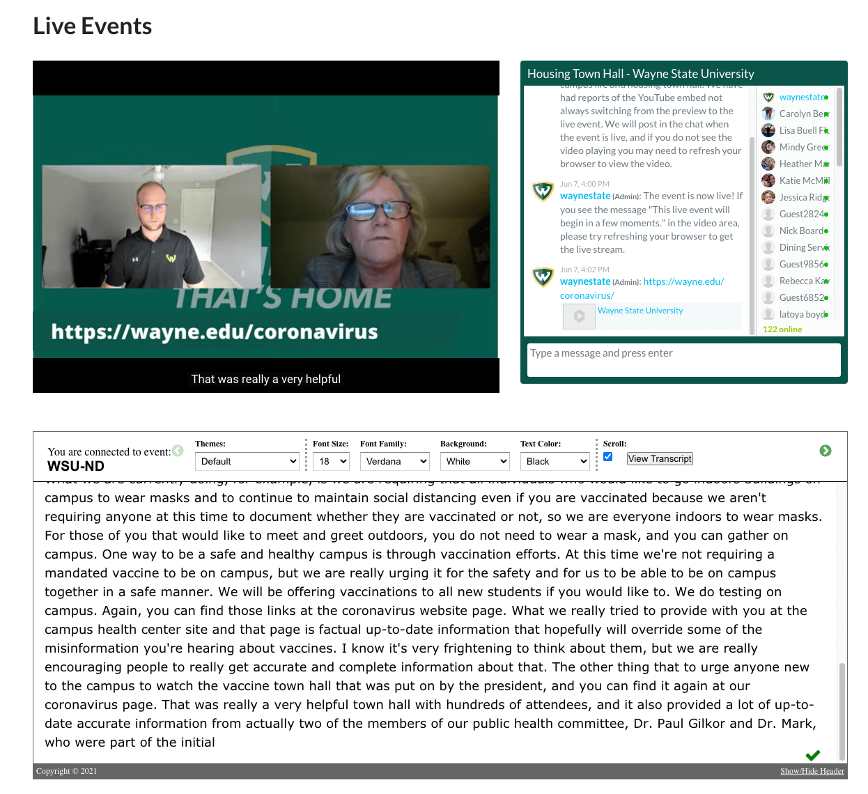 Screenshot of web page with a YouTube embed, live chat and closed cpaptions